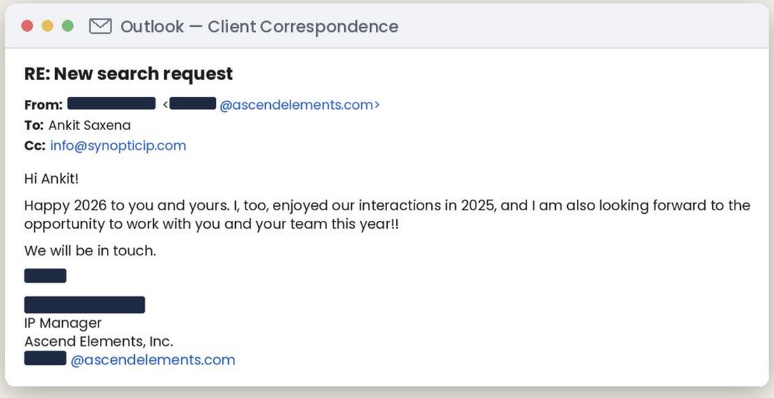 Client email from the IP Manager at Ascend Elements, name redacted