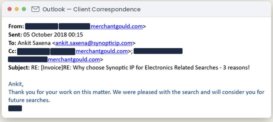Client email from a patent attorney at Merchant & Gould, name redacted