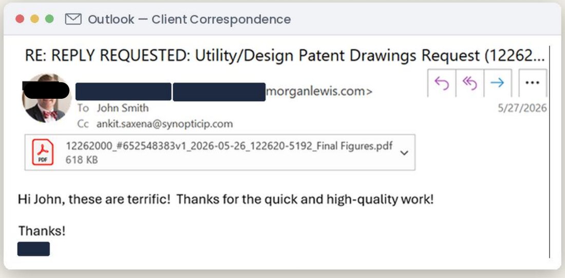 Client email from a patent attorney at Morgan Lewis, name redacted