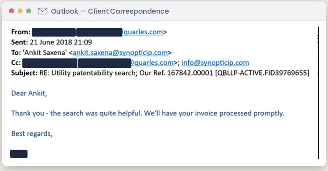 Client email from a patent attorney at Quarles & Brady, name redacted