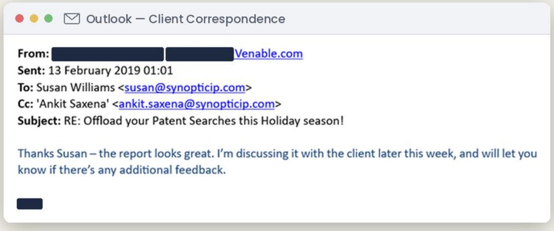 Client email from a patent attorney at Venable LLP, name redacted
