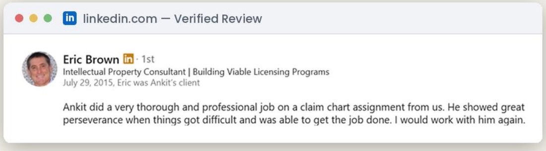 LinkedIn recommendation from Eric Brown, Intellectual Property Consultant
