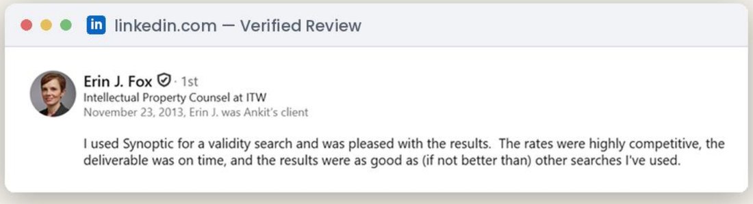 LinkedIn recommendation from Erin J. Fox, Intellectual Property Counsel at ITW